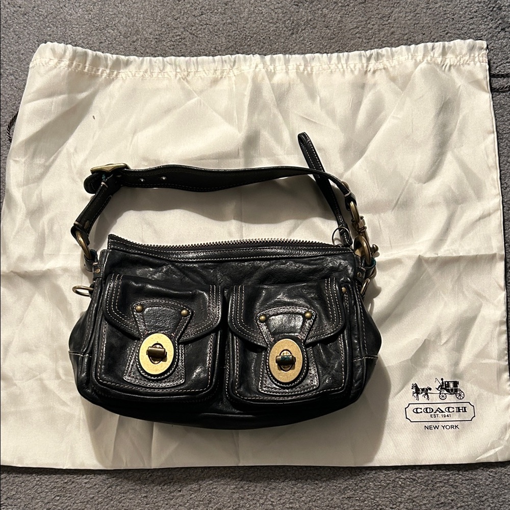 Coach Black Leather Shoulder Bag with Gold Accents